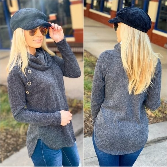 LAST ONE! Keep It Cozy Cowl Neck Top-Chharcoal - Picture 3 of 3